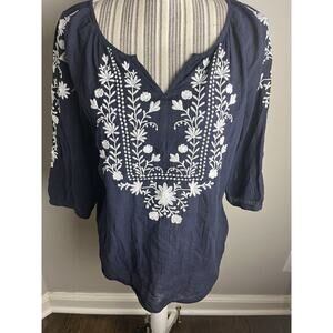 Talbots Sz Medium Navy Embroidered Floral Peaseant top Boho